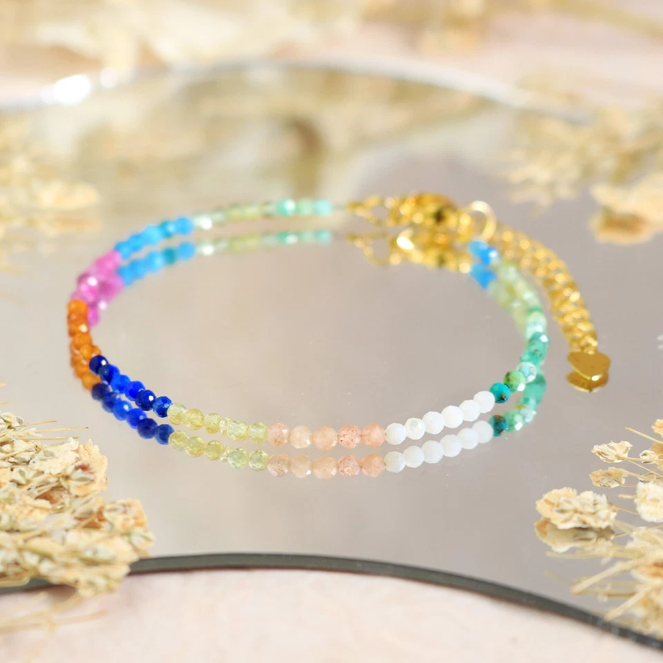 Natural Rainbow Multi Gemstone Beaded Healing Reiki Dainty Crystal Bracelet - Image 2 of 4