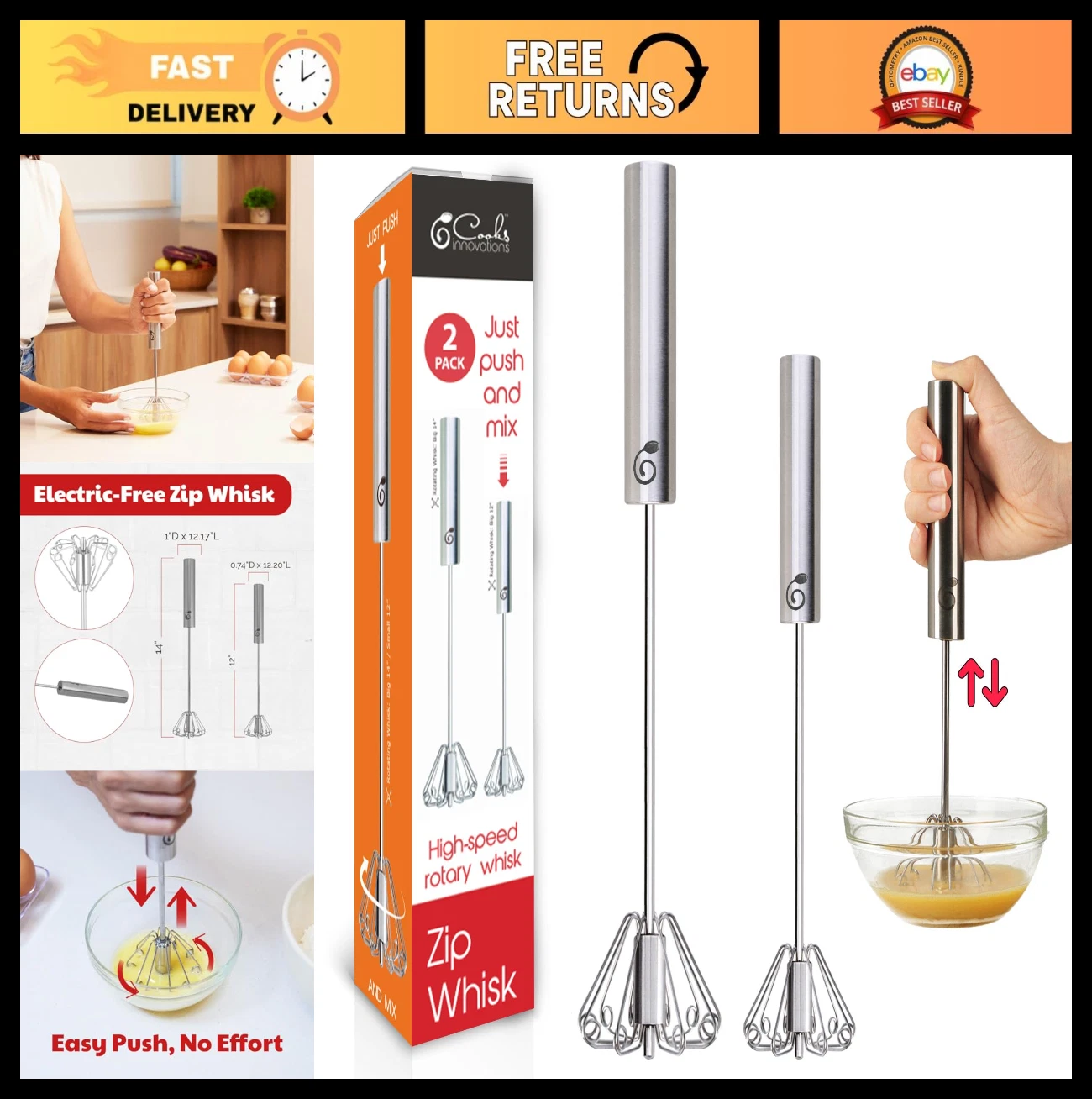 Stainless Steel Egg Whisk Set - Semi-Automatic Push-Down Mixer for Beating, Frot