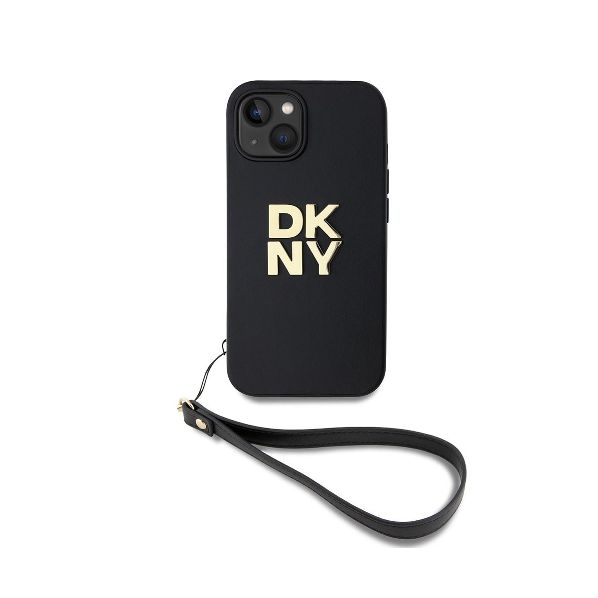 Coque iPhone 13 DKNY noir logo métallique sangle poignet protection antichoc