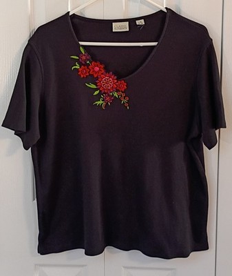 Ladies Casual Black Shirt w/Embroidery-Short Sleeve-LARGE-Classic Elements