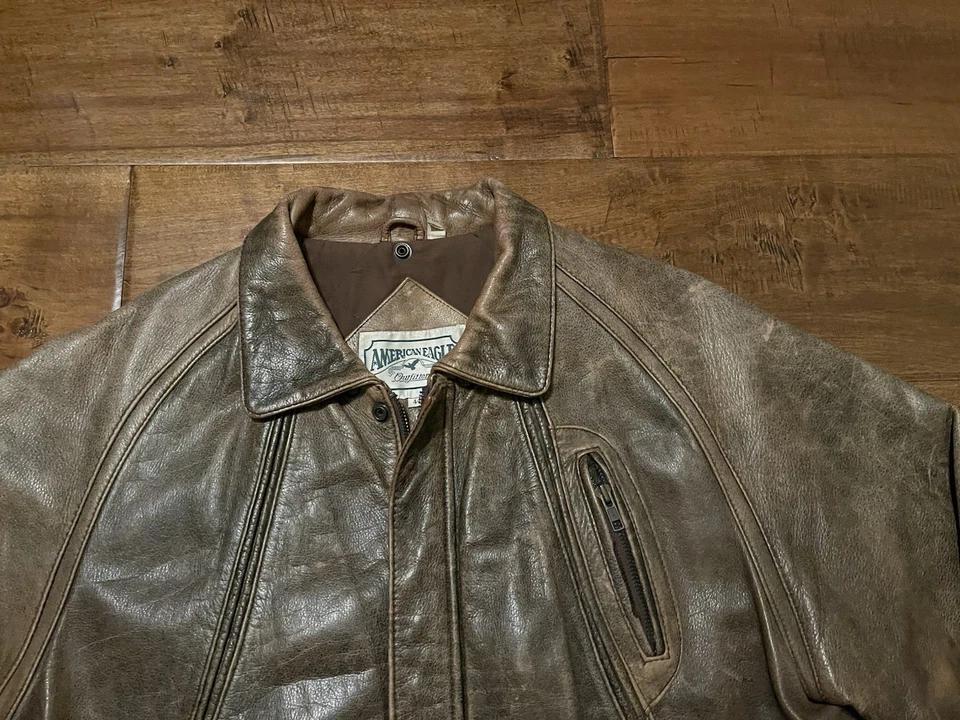 Vintage American Eagle Brown Leather Distressed Bomber Jacket - Men's 44 - Image 3 of 4