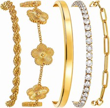 5 Pcs 18K Gold Plated Bracelet Set Waterproof Floral Tennis Chain Stackable Gift