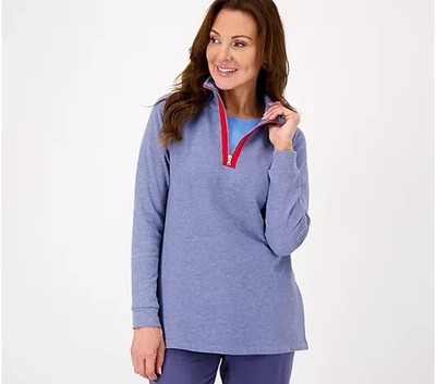 NEW SUSAN GRAVER FRENCH TERRY PULLOVER TOP HEATHER BLUE  w/ red MEDIUM M