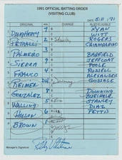 5-11-91 Texas Rangers Game Used Umpire Lineup Card - Nolan Ryan & Juan Gonzalez