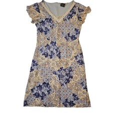 Blue Paisley Lace Up V-Neck Mini Dress Crochet Trim Flutter Sleeve Juniors 7/9 M