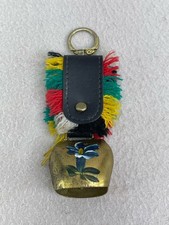 VTG Swiss Cow Bell Hand Painted Leather Fringe Strap Keychain Purse Charm