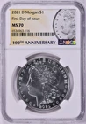 2021-D Morgan Silver Dollar D Privy 100th Anniversary First Day Issue NGC MS-70