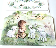 Vintage Christmas Card Mary Hamilton Glittery Shepherd Boy with Lambs