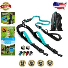 Walk 2 Dogs Easy Teal Dual Leash, Shock-Absorbing Bungee, Tangle-Free Swivel