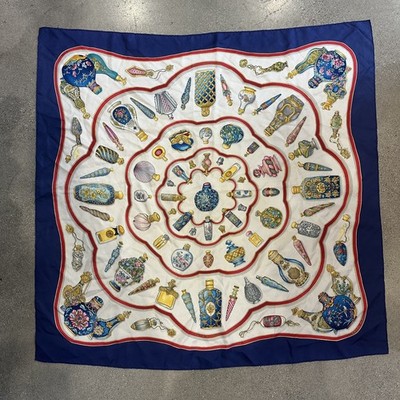 Vintage 80s Hermes Silk Scarf Hand Rolled 35 X 52 Made In Paris Perfume Logo