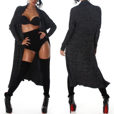 Damen Cardigan lang Strickjacke Zweifarbig Schalkragen offen sexy Strickmantel