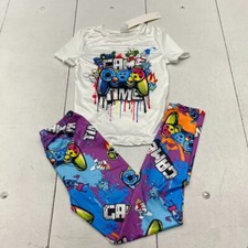 Shein White  Purple Graphic Print Short Sleeve Pajama Set Boys Size 11 NEW