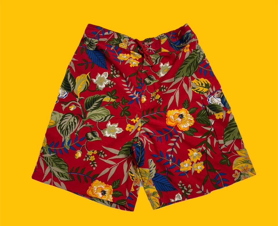 Bermuda de banho Covington masculina tamanho grande tropical havaiana vermelha floral - Imagem 2 de 4