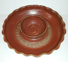 Studio Art Pottery Stoneware Chip~Dip Plate Bowl Earthtone Signed Scalloped Edge