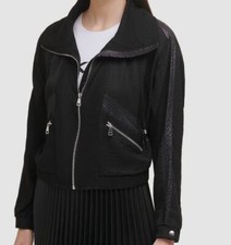 150 DKNY Women's Black Full-Zip Mixed Media Crop Jacket Size XS
