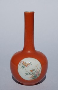 Chinese Famille Rose Coral Red Bottle Vase, Jiaqing Mark.