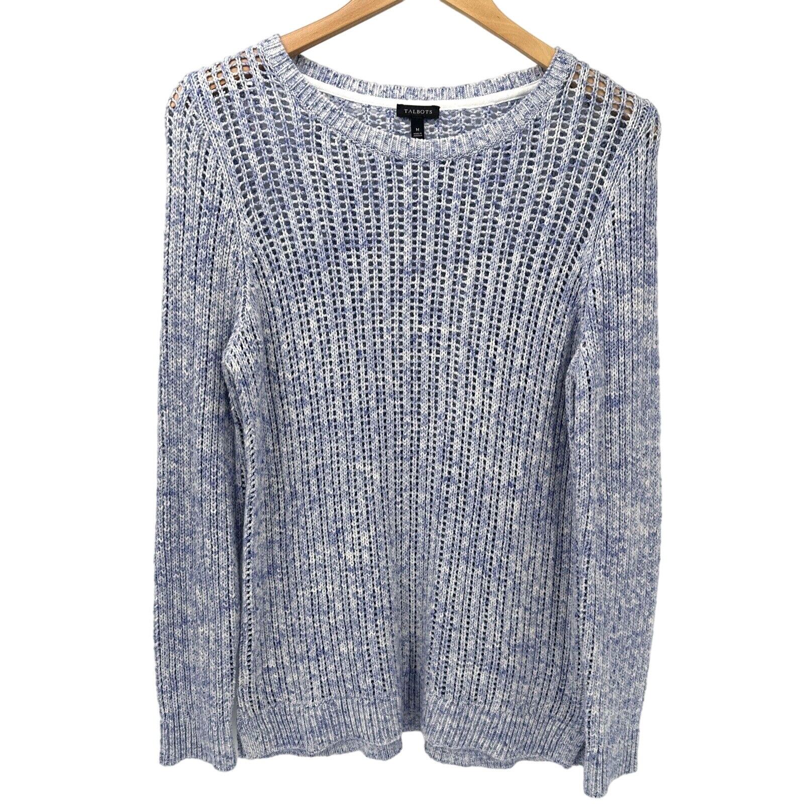 Talbots Sweater Womens Medium Open Knit Pullover Blue White Marled