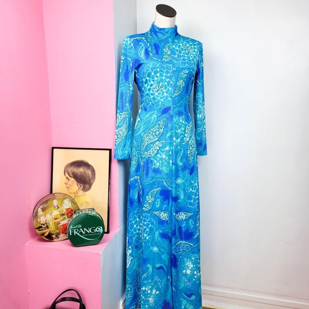 60s blue dress Vintage 60s/70s Bloomingdale's Floral Maxi LifestyleModest Simple Blue Satin A-line Size:50x32