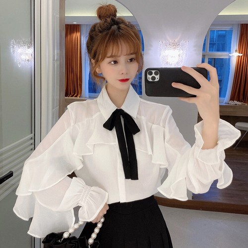 Camisa coreana para mujer con volantes de gasa larga con para el torso | eBay
