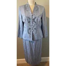 Adrianna Papell Dusty Blue 100 Silk Suit Size 12 Beaded Embroidered Jacket EUC