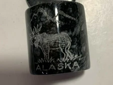 VTG ALASKA ETCHED MOOSE Marble Stone Jar Container With Lid Gray Black 3" X 2.5"