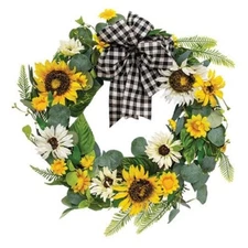 Cwi Gifts 22" Daisy & Eucalyptus Wreath With Buffalo Check Bow in Multi-Color