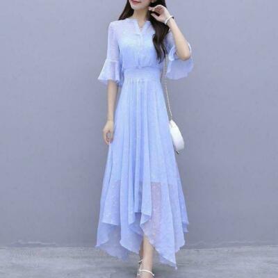 Women Long Chiffon New V Neck Loose Asymmetric Bell Sleeves Slim Fit Short  Dress | eBay