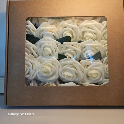 NEW IN BOX 25 IVORY Artificial Roses, Lifelike Soft Foam Wire Stem Floral Flower