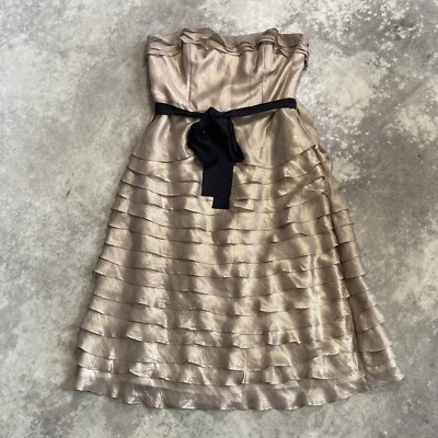 Monsoon Silk Strapless Dress Womens 12 Gold Metallic Tiered Cocktail Party