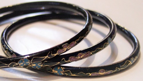 Set 3 schwarze Cloisonné Armreif Armbänder blau rosa Emaille - Bild 4 von 4