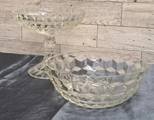 Vtg Jeanette Glass Clear Diamond Cubist Compote Pedestal Bowl 6", Candy Dish 6⅝"