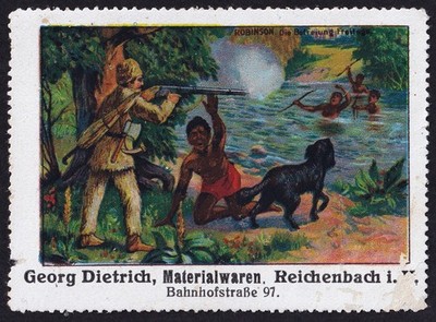 Szene aus  Robinson Crusoe  von Daniel Defoe + Beidruck-Werbung