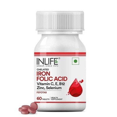 INLIFE Chelated Iron Fol Acid Supplement Vitamin C, E, B12, Zink & Selen 60N