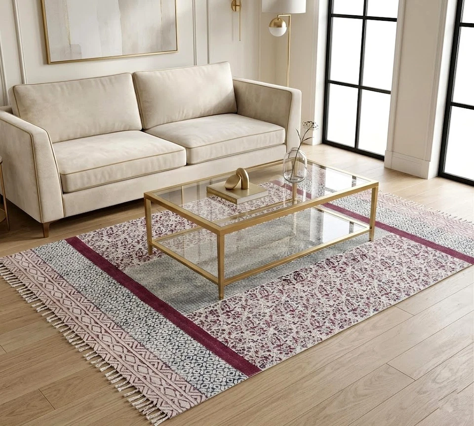 Arts Of Jaipur Tapis JTR-08 150x90 cm Coton 100% Floral Rouge Décor Cuisine - Photo 3/4