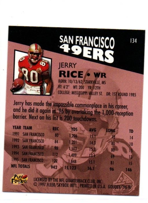 Fleer Goudey #134 Jerry Rice Gridiron Greats 49ers 1997 Salón de la fama Foto 2 de 2
