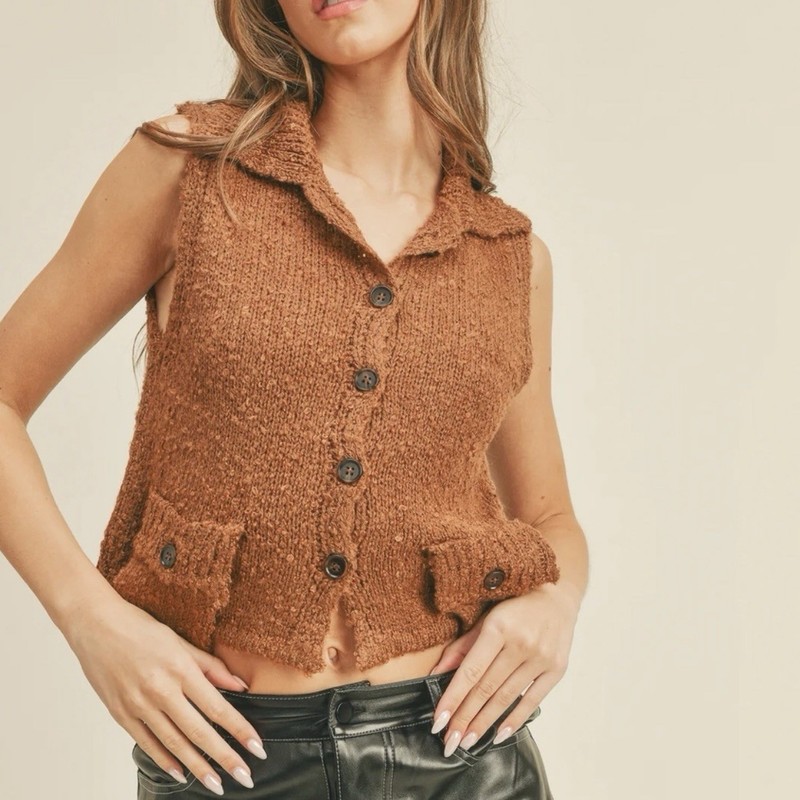 SALT + CO. - Knit No. 09, Button-Down Boucle Knit Vest in Brown (NWT)
