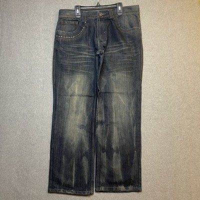 Epic Hero Jeans Straight Medium Wash Embroidered Studded Men  Y2K Skater Baggy 