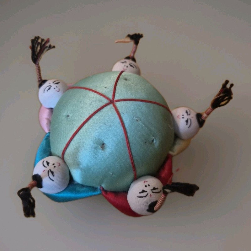Vintage Asian Pin Cushion Round Mint Green Chinese Silk Small 5 Children
