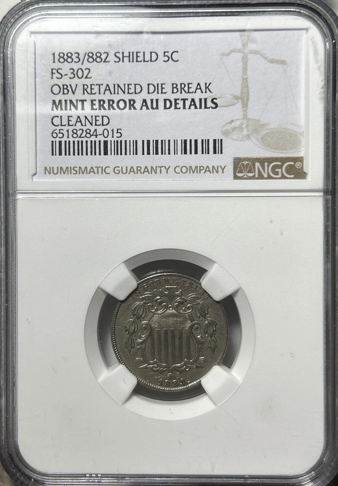 Terminal Die State 1883/82 FS-302 Shield Nickel! NGC Au Cleaned, Free Shipping - Image 3 of 4