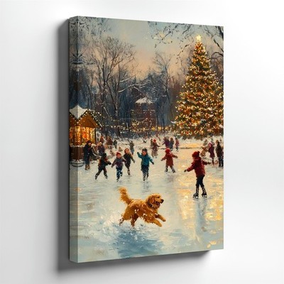 Nature Canvas Winter Ice Skating Scene Christmas Tree Gallery Office Home Print