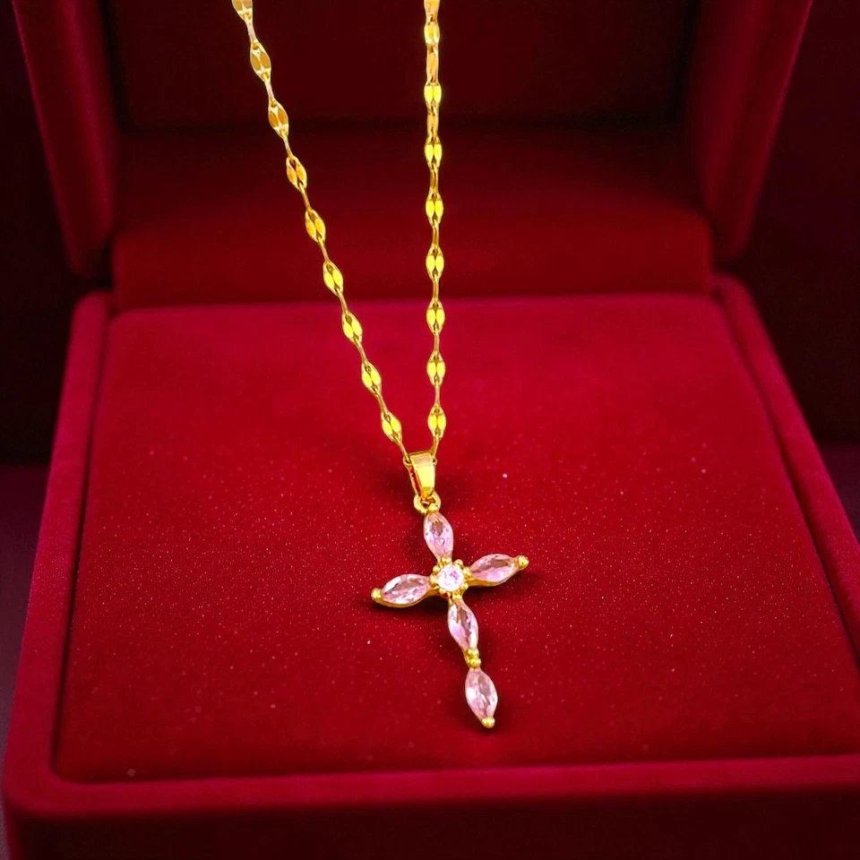 Collar Cruz Mujer Oro 18K y Plata ✝️ Colgante Circonita Circonita Acero Inoxidable Nuevo✝️ Foto 2 de 4