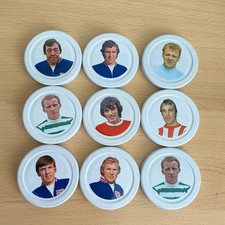 9 CADBURY SCHWEPPES  HARTLEYS JAM JAR LIDS 70s FOOTBALLERS