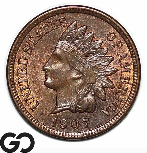 1907 Indian Head Cent Penny, Solid Gem BU++, Some Red