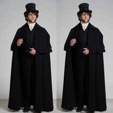Black Wool Men's Overcoat with Cape British Outdoor Casual Winter Warm Long Coat