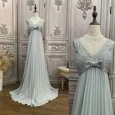 Light Grey Chiffon Evening Dress V Neck Beading Floor Length With Bow Prom Gowns
