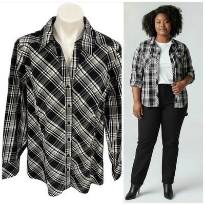 Lane Bryant Shirt Womens Size 20 Top Black Plaid Career Work Office Preppy