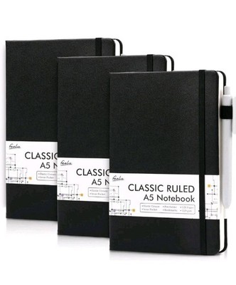 Feela A5 Notebooks Set - 3 Classic Ruled A5 Notebooks with 3 Black Pens