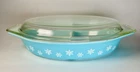 Vintage Pyrex Blue Snowflake 063 Divided Casserole Dish w Lid 1.5 Qt USA