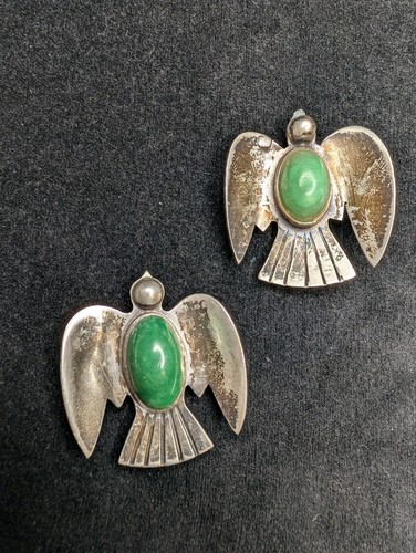 2 Vintage Green Turquoise Thunder Bird Brooch/Pins Sterling Silver Mexico