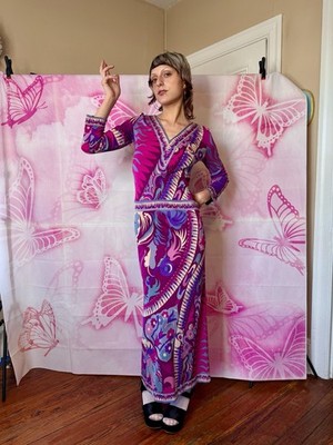 1960s Emilio Pucci Art Nouveau Purple Print Drop Waist Maxi Dress